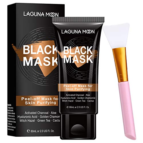 Masque Peel-Off de LAGUNAMOON, Masque Anti-Points Noirs à Séchage Rapide pour Femmes et Hommes, Masque Peel-Off au Charbon de Nettoyage en Profondeur avec Brosse en Silicone Durable Cover