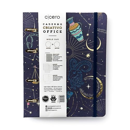 Caderno Criativo Argolado Office Duo Astral Pautado & Pontado A5 Cartas Do Zodíaco Azul, Cicero