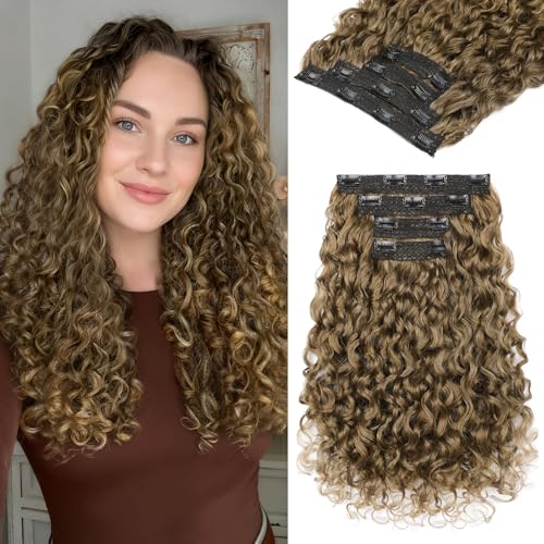 REECHO Curly Hair Extensions - 4PCS 18" GoGo Curly Clip in Hair Extensions 100% Super Protein Hairpieces with Invisible Lace Weft Silky Soft Natural Look for Women - Light Golden Brown with Light Ends