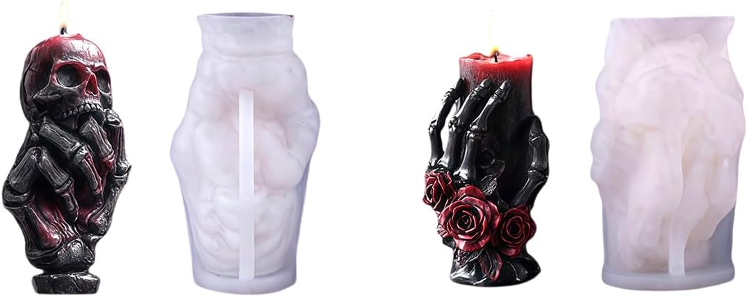 Halloween Skull Skeleton Hand Silicone Candle Molds, 2-Piece Set, Gothic Rose DIY Wax Craft Molds