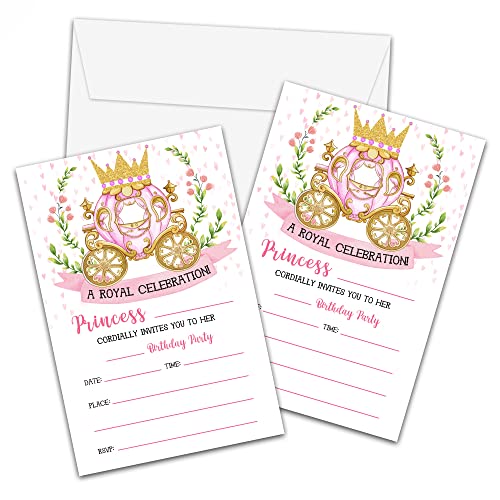 Foosproea Princess Birthday Invitations With Envelopes - Royal Party Invitation Card For Girls - Pink & Gold Fill-In Invites Cards - Castle Birthday Party Celebration (20 Pack) -08 #TOP8
