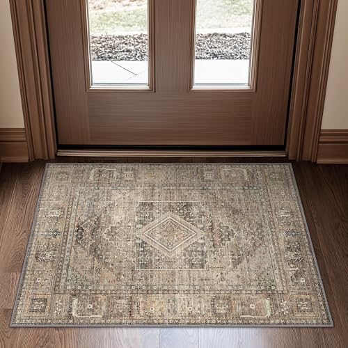 GENIMO 2x3 Hallway Runner Rug, Machine Washable Boho Vintage Runners Non Slip, Printed Thin Low Pile Lightweight Chenille Carpet Runner for Entryway, Kitchen, Bathroom, Bedroom, TAN