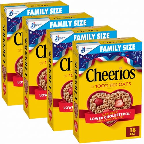 Cheerios Cereal, Limited Edition Heart Shapes, Affirmations Box, Heart Healthy, Gluten Free, Family Size, 18 oz (Pack of 4)