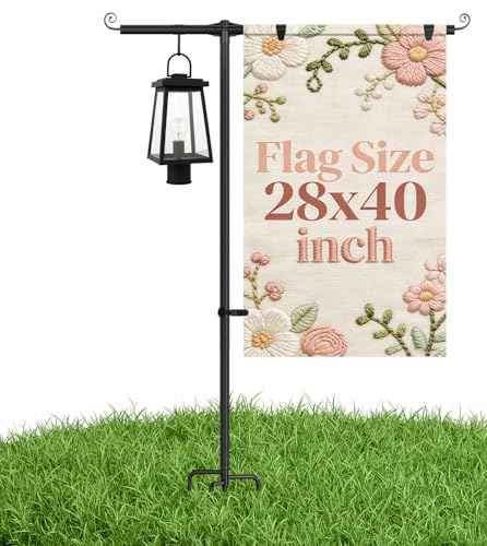 FFILY Garden Flag Stand Holder with Shepherd Hooks for 28 x 40 Flag 63 Inch Height with 3/4 Inch Extra Thick Heavy Duty Garden Flag Pole with 4 Prong Base for Outside Home Yard Patio Decor