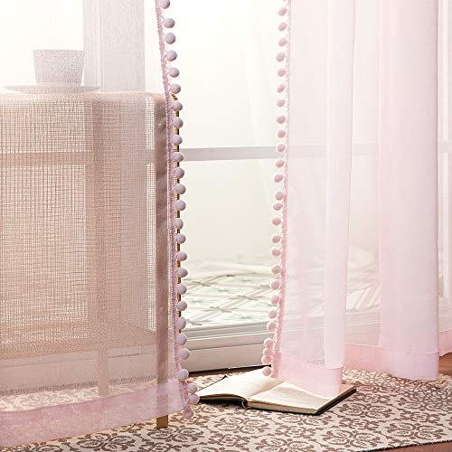 Miniatura 4 de Miulee Cortinas Rosa Infantiles Niña Dormitorio, Bonitas Visillos Con Pompones 2 Piezas, 2x140 X 225cm, Cortinas Translucidas Habitacion Bebe, Cortinas Visillos Rosa Para Juvenil Niña Dormitorio