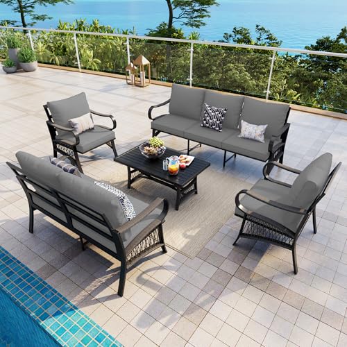Image of 5 Pieces Patio Conversation Sets, All Weather Metal Outdoor Furniture Set with Sectional Sofa Loveseat Couch for Backyard Garden Deck Porch Poolside (Gray Cushions)