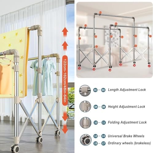 Folding Clothes Drying Rack with Wheels, Laundry Stand, Space-Saving Design with Sock Clips for Indoor Outdoor Use（180cm/71in）