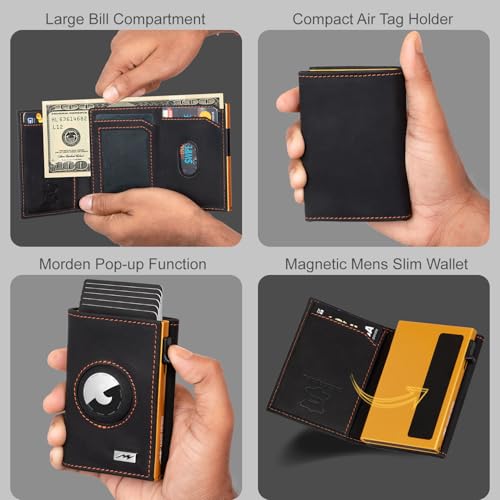 Marc Peter AirTag Wallet - Full Grain Leather, Mens Minimalist Wallet with Apple Air Tag Holder, Slim Smart Pop up Card Case, ID Window, RFID Blocking Wallet for Men and Woman Black/Orange3