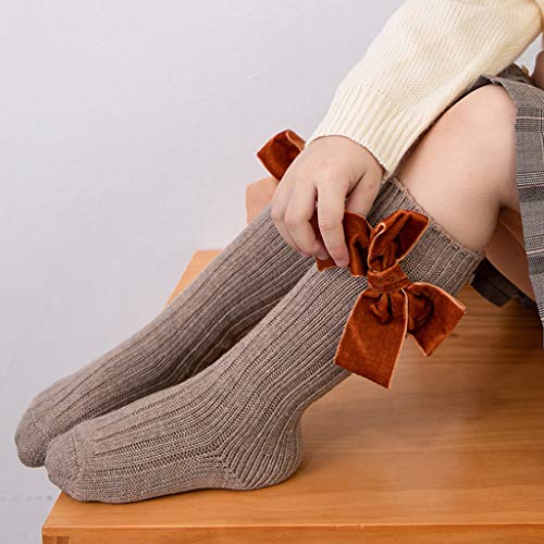 QUQUTWO Kids Girls Chunky Ribbed Knit Knee High Socks Solid Cute Velvet Bow Stockings Wine red3