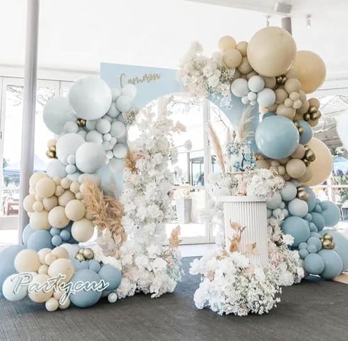 Image of Dusty Blue White Sand Balloon Garland Double Stuffed Pastel Light Blue Cream Beige Matte Balloon Arch Kit with Gold Latex for Neutral Baby Shower Bridal Wedding Birthday Mothers Day Summer Party