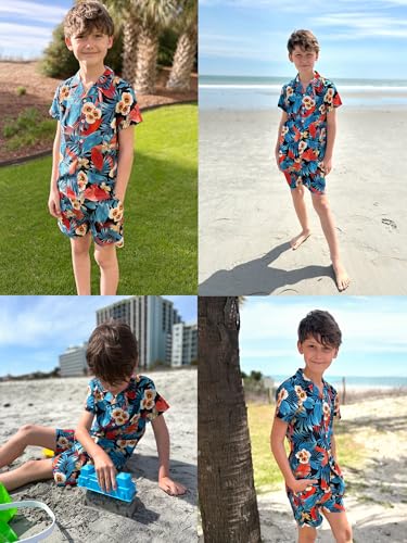 Image of DAXIANG Boys 2 Piece Hawaiian Outfit Summer Button Down Shirt and Pocket Short Sets Beach Vacation Clothes for Kid Size 3-10