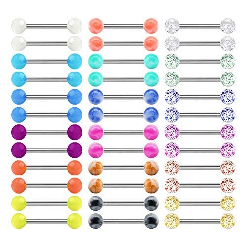 Mayhoop 14G 36Pcs Stainless Steel Nipple Rings Tongue Rings Straight Barbell Bars Piercing 14mm 16mm 18mm in Length for Women Men, 1.6mm diameter, 14mm length, Stainless Steel, Bioflex, cubic-zirconia