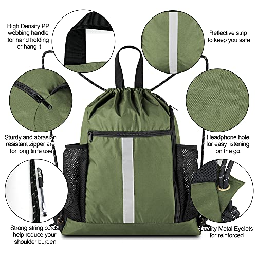 Image of BeeGreen Moss Green Drawstring Bag Pack Sport Cinch Sack with Shoe Compartment and Two Side Mesh Pockets Heavy Duty Gym String Backpack for Unisex
