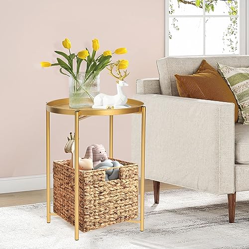 Joveco Round End Table, Folding Metal Side Table Small Coffee Table, Sofa Side Table With Removable Tray, Nightstand Accent Table For Living Room Bedroom Office (Gold) #TOP2