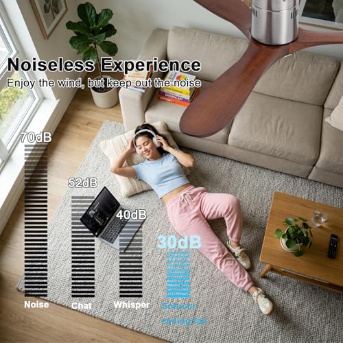 Image of 52 inch Ceiling Fans with Light with 6 Speed Remote /APP Control, Solid Wood Fan Blade, 3CCT Dimmable LED, Noiseless, Bedroom, Hallway Recessed Ceiling Fan