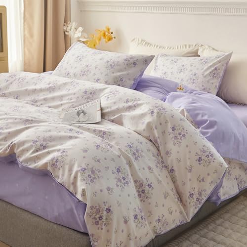 HighBuy Luxury Cotton Duvet Cover Queen Size Boho Purple Floral Duvet Cover Set Coquette Bedding 3 Pieces Botanical Soft Comforter Cover with 2 Pillowcases,Purple Floral,Queen Size