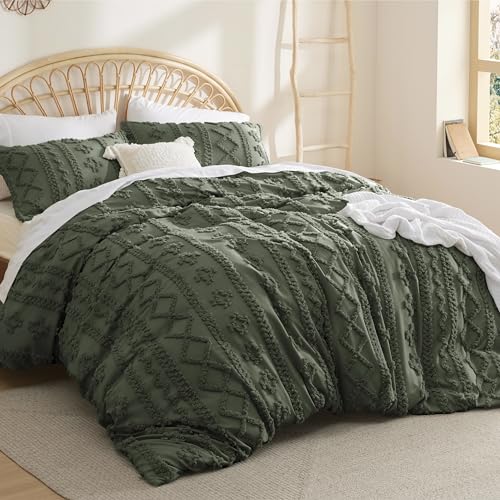 Image of Bedsure Boho Duvet Cover Queen Size, Soft & Comfortable Elegant Design Boho Bedding for Decoration, Machine Washable Comforter Cover for All Seasons,Includes 1 Duvet Cover & 2 Pillow Shams,Olive Green