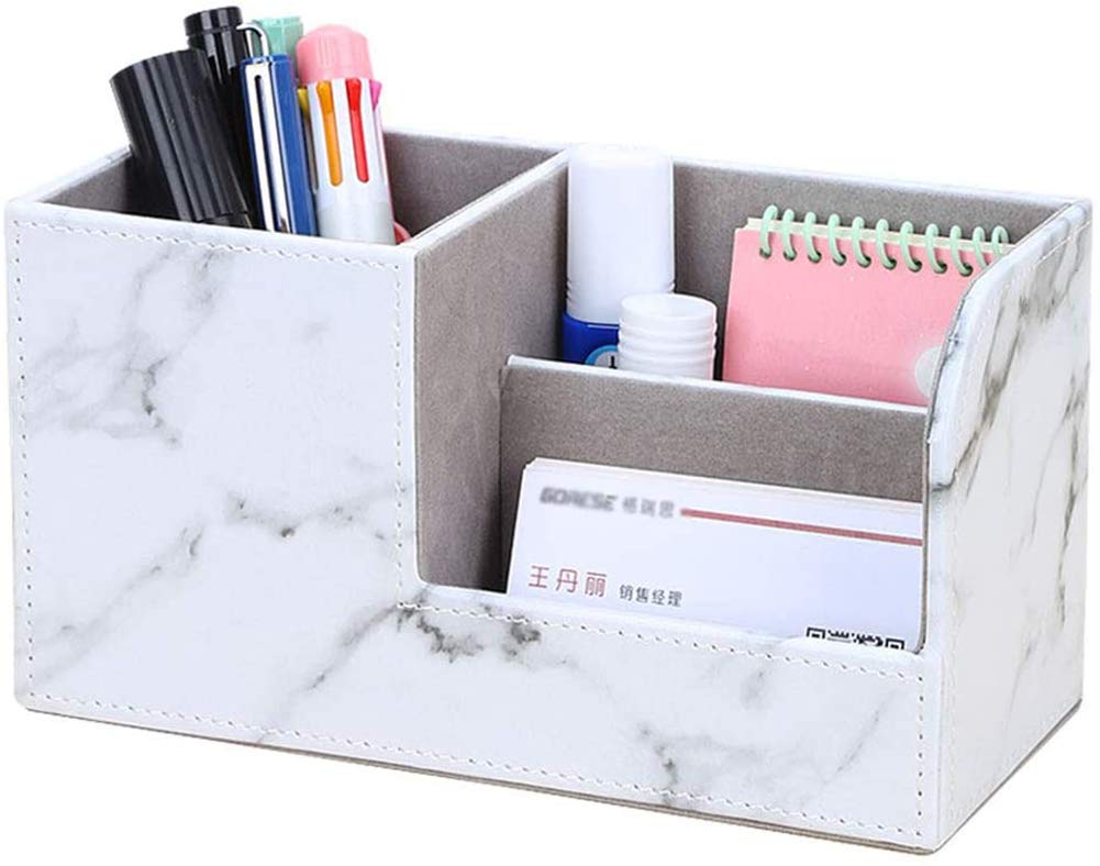 ExceforeLeather Office Desk Organiser Tidy Pen Pencil Pots Stationery Storage Box Desk Accessorie Desk Tidy Organiser Caddy Multifunction Leather Pen Pencil Pots Holder Office Desk