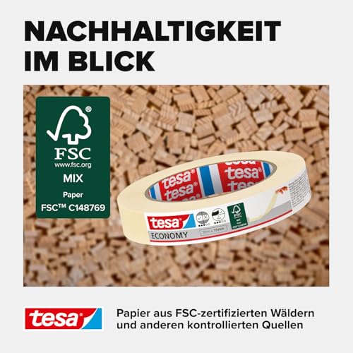 tesa Malerband ECONOMY - Vielseitiges Klebeband für Malerarbeiten ohne Lösungsmittel - Bis zu 4 Tage nach Gebrauch rückstandslos entfernbar, 50 m x 19 mm