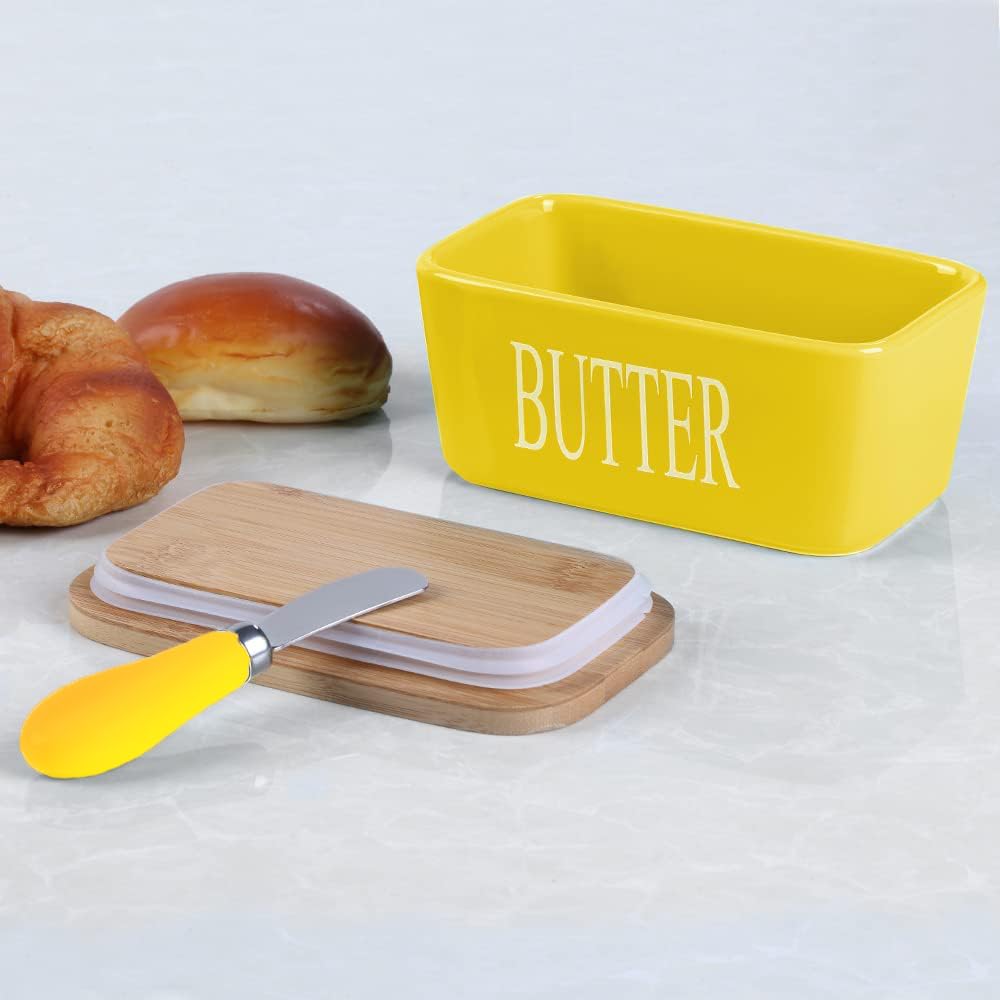 Beurrier En Céramique Avec Couvercle Bois Et Couteau - Boîte à Beurre 250g Jaune - Anti-Odeur Réfrigérateur