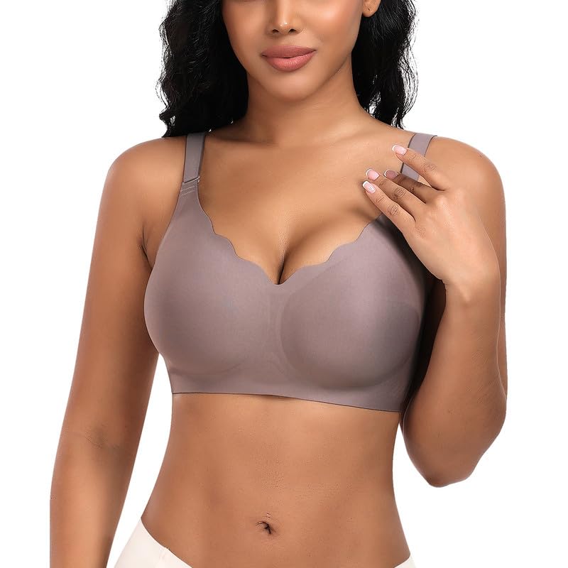 Jiuday BH Damen ohne Bügel Große Brüste Nahtloser Push Up BH Soft Bequemer Seamless Bra T Shirt Bügelloser Gepolstert Klassische Bralette (V-Kaffee,L)