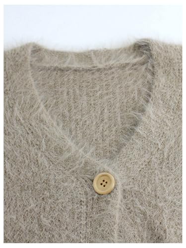Verdusa Women's Fuzzy Furry Button Front Off The Shoulder Cardigan Sweaters V Neck Knit Outerwear3