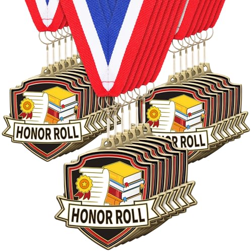 Yaomiao 10/20 Pcs 2.4'' Award Medals Bulk Gold Winner Team Participation Medals for Kids Shield Metal Trophy for Student Adults Award Prize Graduation Competitions Gift(20 Pcs,Honor Roll)