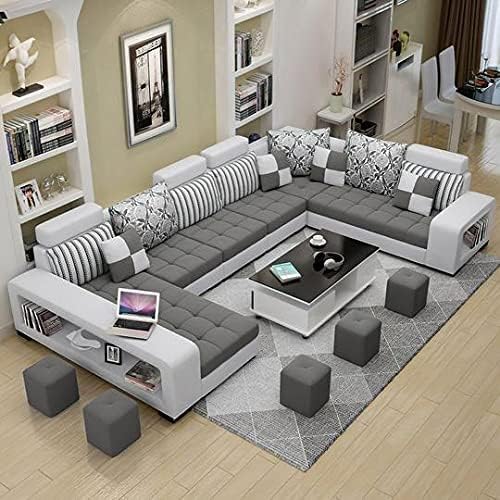 Luxury U Shape 6 Seaters Sectional Sofa Set/Without Centre Table for Your Living Room/Office/Dining Room/Hall with Storage of 5 Pouffe (Color - Grey) Pack of 1