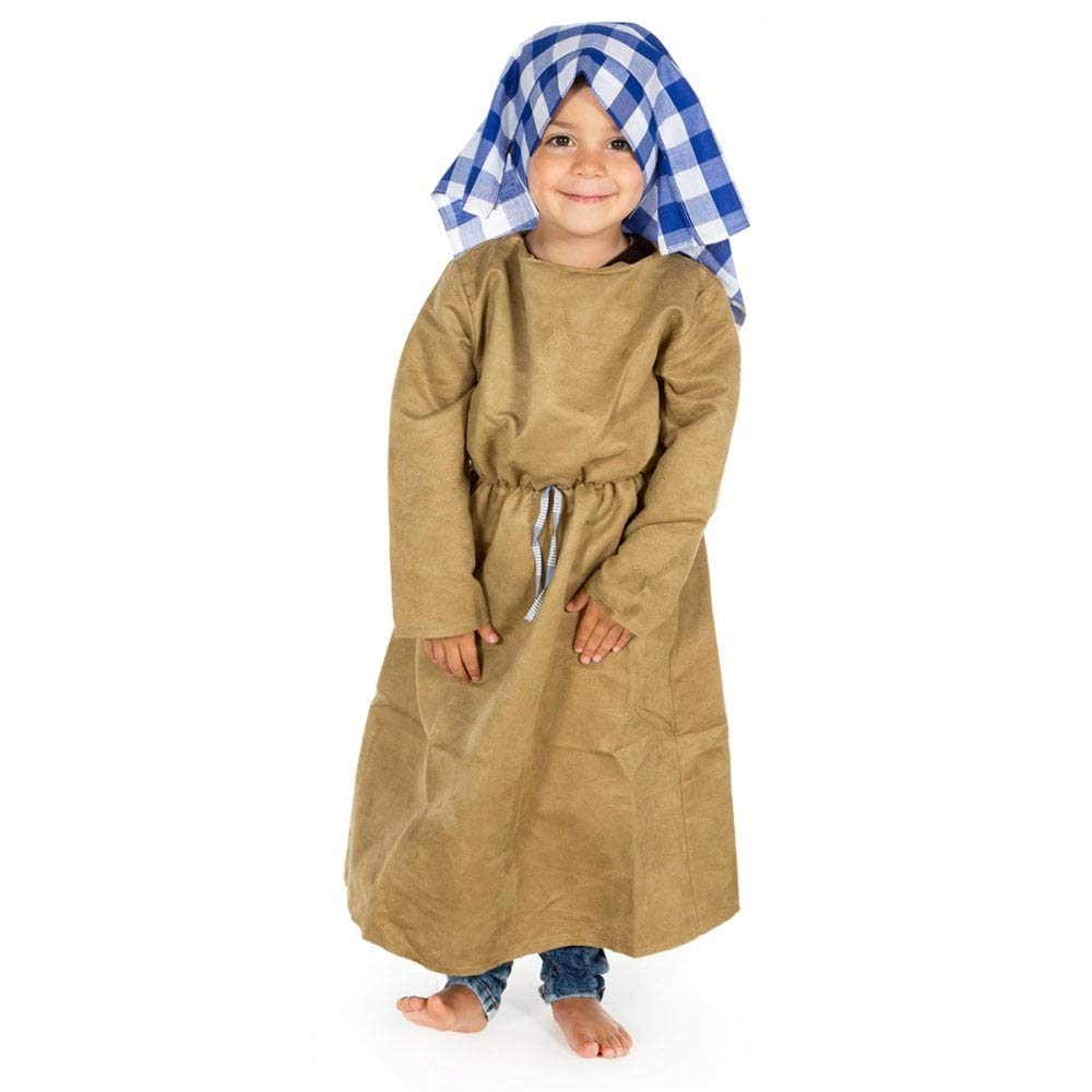 PRETEND TO BEE Joseph Dress Up Nativity Costume for Kids, 5-7 Years, Brown Robe With Blue and White Checked Headdress