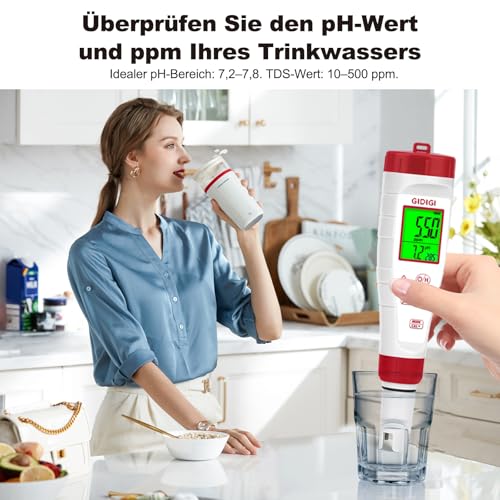 Digitales pH Messgerät für Wasser, Neue Version pH Tester, TDS Meter für Trinkwasser Mit Hintergrundbeleuchtung, Gleichzeitige Anzeige 4-in-1 TDS pH EC Meter für Wasser, Hydroponische Nährlösung, Pool
