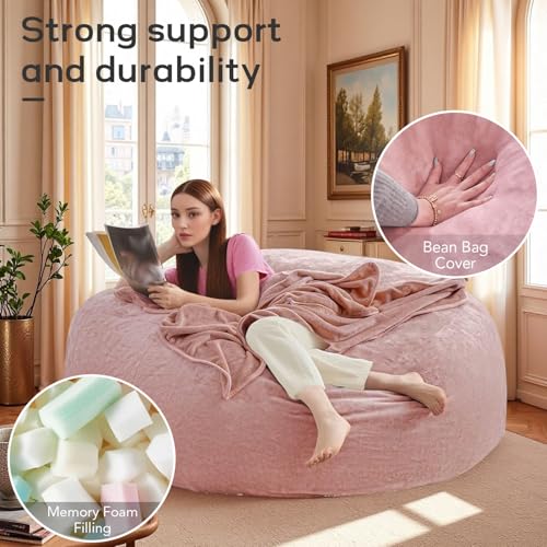 Image of Jumbo Bean Bag Chair for Adults，6FT，Bean Bags with Filler Included，Memory Foam Chair，Removable and Washable Flannel Cover, Suitable for Living Room, Bedroom and Dormitory. (Pink, 6 Foot)