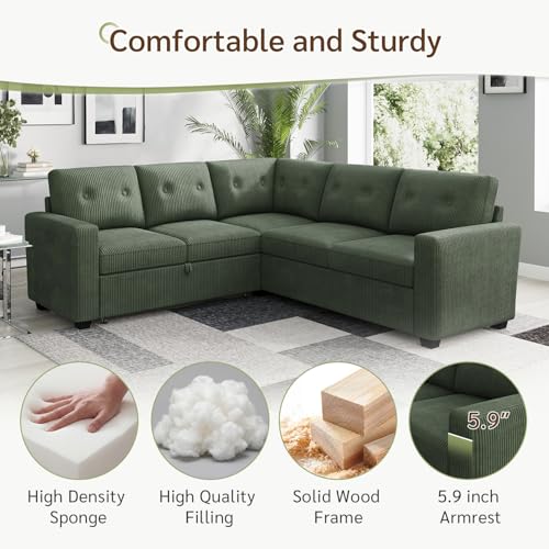 Image of HONBAY Sectional Sleeper Sofa with Pull Out Bed, Convertible 5 Seaters L Shaped Corduroy Sectional Couch for Living Room, Green