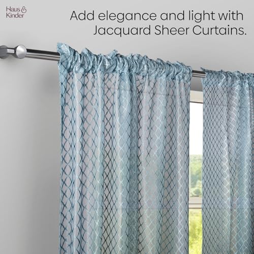 Image of haus & kinder Jacquard Sheer Door Curtains 7 Feet Long Pack of 2 Door Curtains, 7 Feet Curtains for Door, (Abstract Geometric Design, Silver Mesh, 114x213cm)
