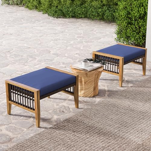 HAPPYGRILL 2 Pieces Outdoor Patio Ottomans, Acacia Wood Outdoor Footstools with Removable Cushions, Multifunctional Outdoor Wicker Footrest, Additional Sating, Navy