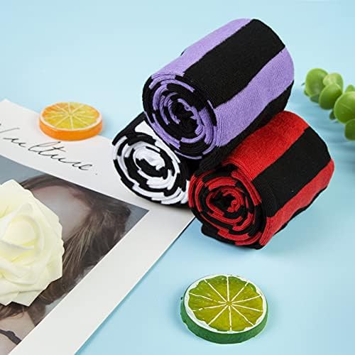 3 Pairs Women Striped Thigh Socks Knee High Sock Ladies Over Knee Long Boot Stocking for Girls Leg Warmer High Socks Casual for Daily Wear Cosplay One Size Purple Red Black