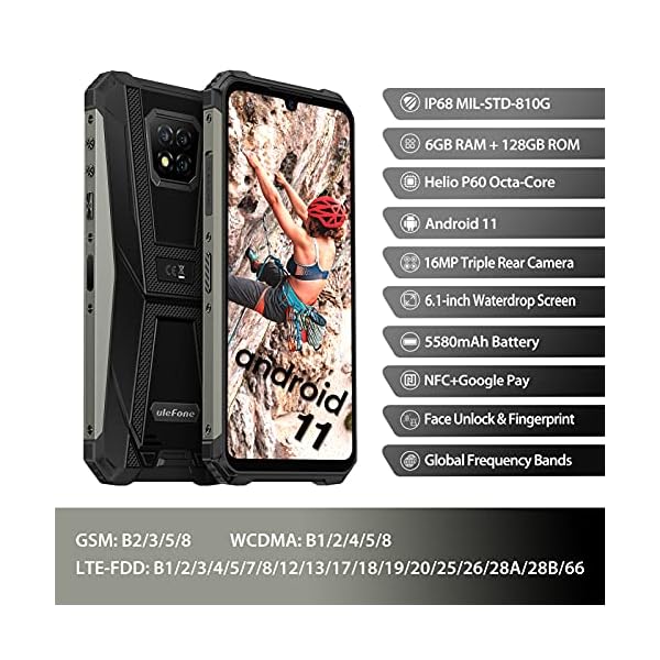 Ulefone Rugged Smartphone Unlocked, Armor 8 Pro 6GB+128GB Android 11, 16MP Triple Waterproof Camera IP68/IP69K, 6.1 inch HD+, 4G Dual SIM, 5580mAh, NFC, OTG, Bluetooth 5.0, Fingerprint Face ID-Black