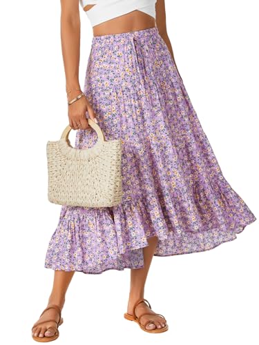Rooscier Women's Floral Print High Low Drawstring Tiered Pleated High Waist A Line Midi Skirts Purple X-Large