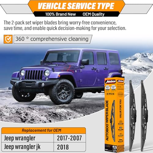 Image of AUTOBOO Windshield Wiper Blade Replacement for Jeep Wrangler 2007-2017 | Fits Wrangler JK 2007-2017; 15 inch+15 inch front blades, OE fit, all-weather, quiet, streak-free, easy install