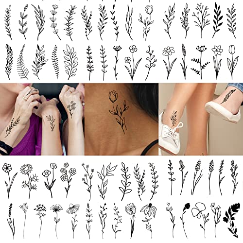 Kotbs 18 Sheets Realistic Temporary Tattoo, Tiny Branch Black Flower Temporary Tattoos For Women Girls Kids, Bouquet Small Tattoo Temporary Sticker Wild Plant Floral Fake Tattoos #TOP2