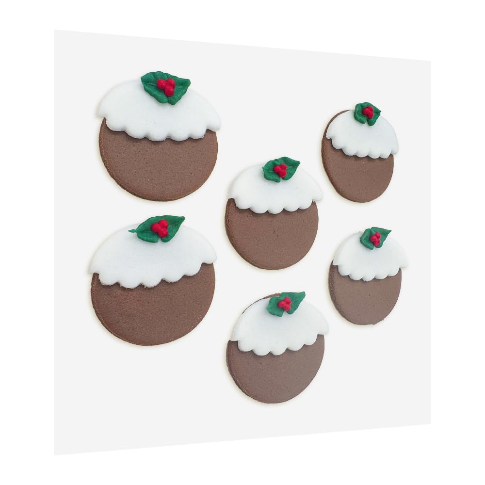 Anniversary House 6 pack Christmas Pudding Flavoured and Shaped Edible Cake Decorations, Handcrafted Cake Toppers, Edible Fondant Icing Sugar Cupcake Toppers, yule log decor SFF106