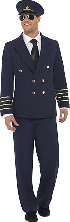 Smiffys Pilot Costume, Navy Blue with Jacket, Trousers & Hat, Icons & Idols Fancy Dress, Pilot Dress Up Costumes