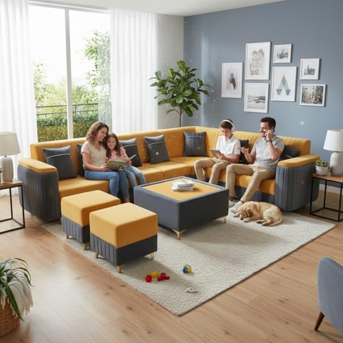Image of APRODZ Wooden Sofa Set 7 Seater for Living Room, Solid Wood L Shape Sofa with Coffee Table and Two Ottoman Stools, 7 Seater Sofa for Home Office, Yellow & Grey