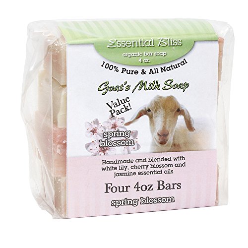 Essential Bliss All Natural Handmade Goat Milk Soap (4-Pack) Spring Blossom 4 Four Ounce Bars Good for your Skin Wonderful Fragrance. Full Refund if not Delighted!