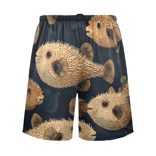 Men's Short Pajama Bottoms Puffer Fish Black Home Casual Sleep Pants