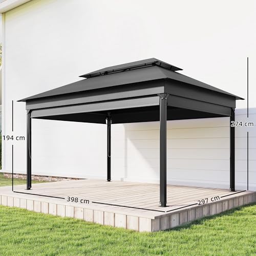 Outsunny Gazebo Da Giardino 4X3 M Con Tende Laterali A Rullo, Gazebo Esterno Con 8 Fori Di Drenaggio, Doppio Tetto E Struttura In Metallo, Per Giardino, Balcone, Feste, Cortile, Patio, Grigio Scuro - 7