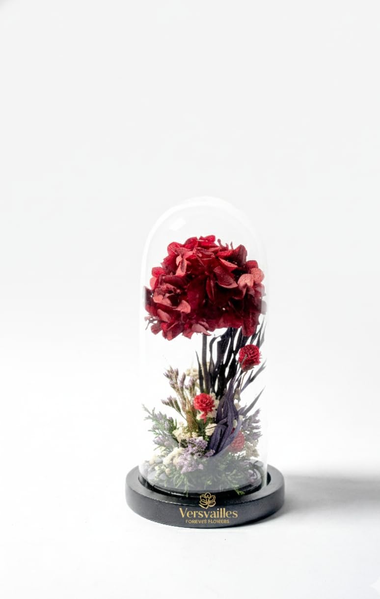 Versailles Preserved Hydrangea in Glass Dome | Handcrafted Eternal Flower Arrangement with Mixed Wildflowers & Dried Foliage, Black Wooden Base | Real Flowers | Luxury Home Decor | Gift for Women-image-6