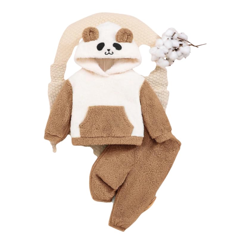 Image of Cartoon Character Design Kids' Fur Hooded Top and Pants Set, White and Brown