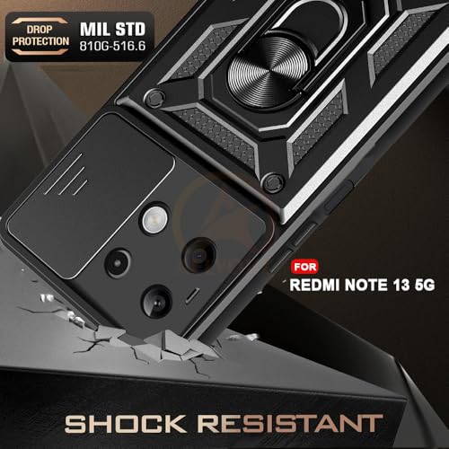 Image of Armor Bumper Back Cover Case for REDMI Note 13 5G Rotating Camera Cover, Ring Holder & Kickstand | Heavy Duty & 360 Degree Protection REDMI Note 13 5G Back Cover (Black)