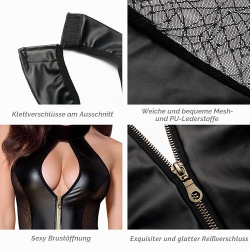 Sexy Mesh-Spleißen aus Lederkleid Damen Große Größen Wetlook Korsett Dessous Set Babydoll Rückenfrei Kunstleder Reizwäsche Minikleid Negligee Unterwäsche Rock Partykleid Clubwear – Bild 4
