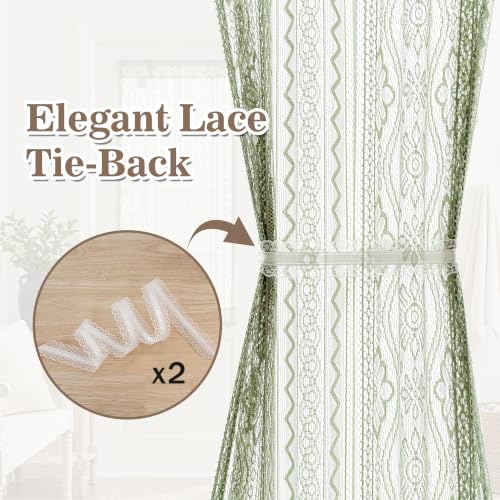 Image of MYSKY HOME Sage Green Lace French Door Curtains 40 inch Long 2 Panels Boho Sheer Floral Curtains for Door Window Scalloped Doorway Sidelight Curtains Come with 2 Matching Tie-Backs, 26 inch W Each Panel